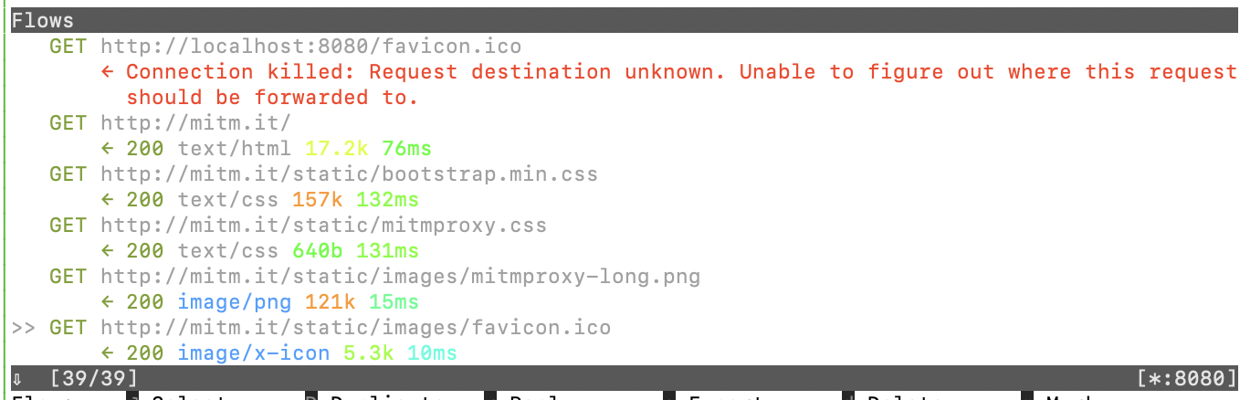 mitmproxy flows view